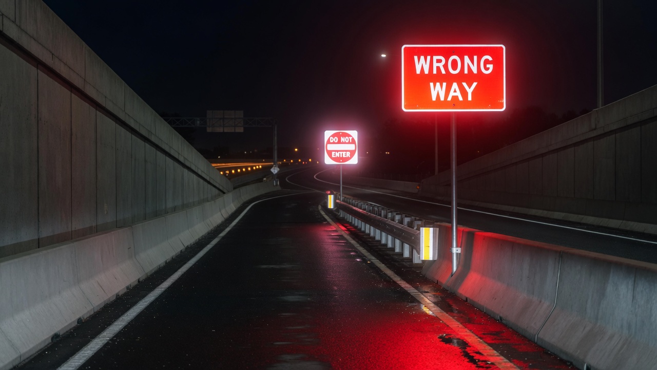 Illuminated wrong way sign on highway ramp